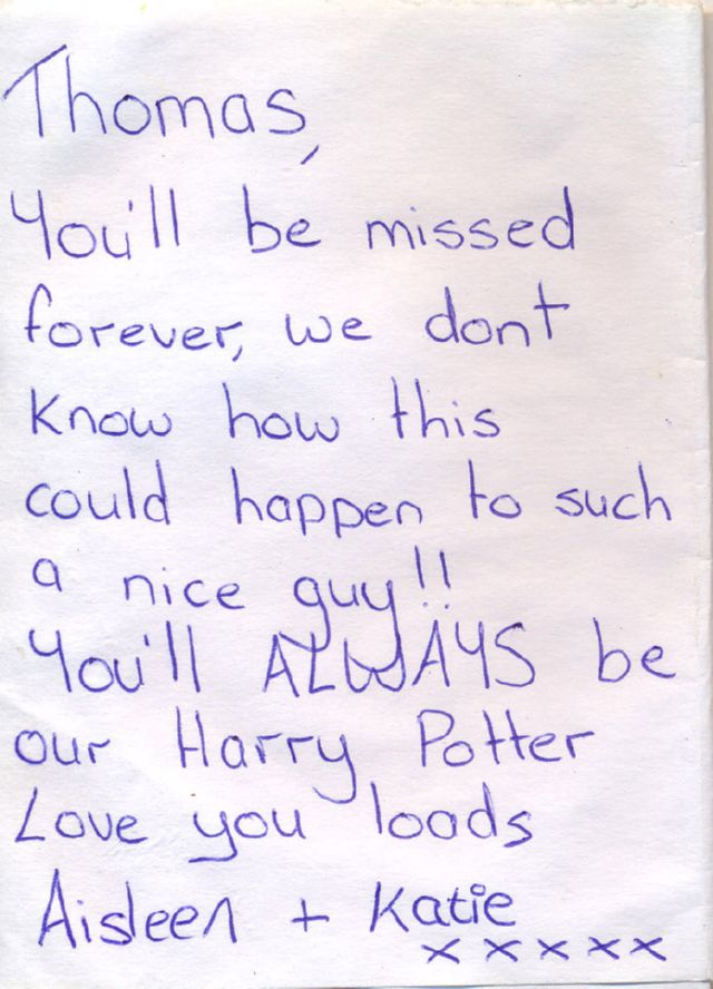 Message left at the scene of Thomas's murder.