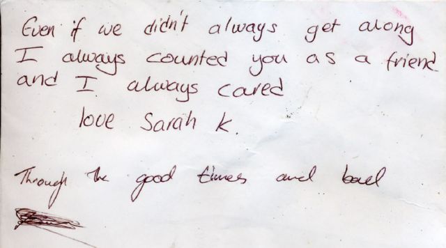 Message left at the scene of Thomas's murder.